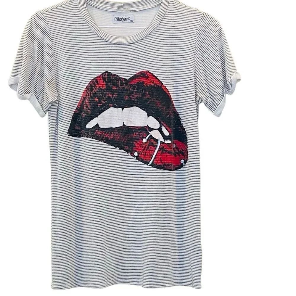 Lauren Moshi Beverly Hills Striped Cuffed Lips Print Tee Black White Black XS